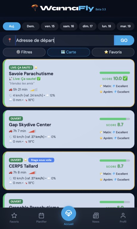 Classement météo dropzones France WannaFly